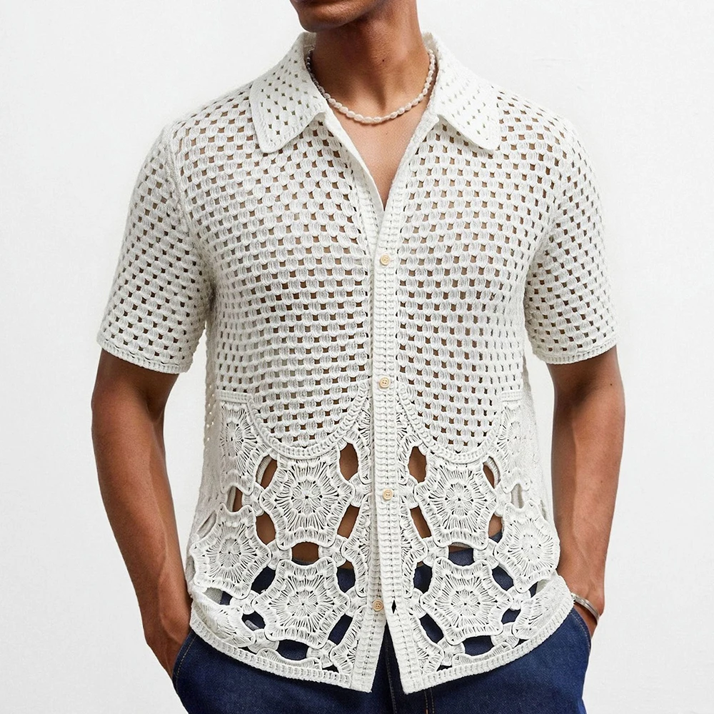 2026 Summer New Men's Hollow-Out Short-Sleeve Shirt American Retro Fashion Trendy Street Casual Loose Simple Men's Tops