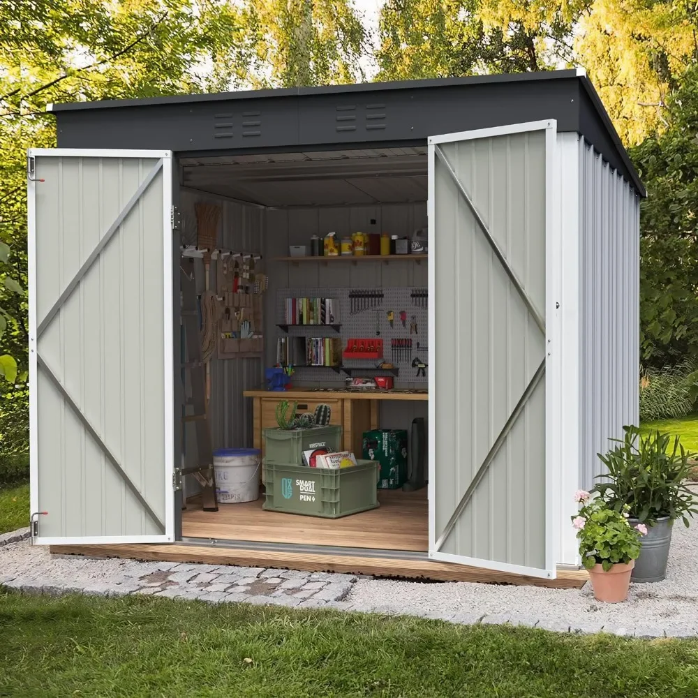 

Outdoor Storage Shed 8x6FT All Weather Metal Garden Shed with Lockable Double Doors for Garden Tools,Toys and Sundries,White