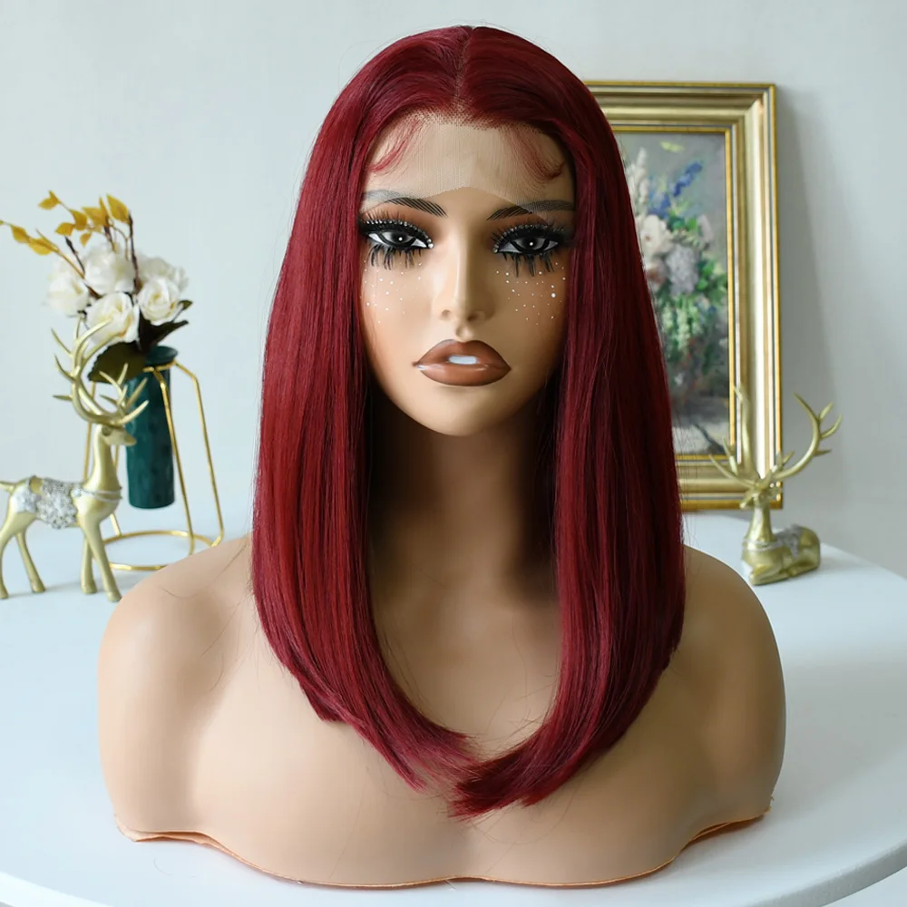 180% الكثافة 99J بورجوندي قصير بوب شعر مستعار 13X4 الدانتيل الباروكات الأمامية للنساء اللون الطبيعي الدانتيل الجبهة بوب شعر مستعار الاصطناعية قبل قطعها