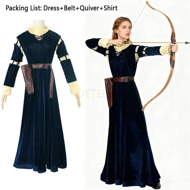 Melinda-Disfraz de Cosplay, conjunto completo de vestido con cuello de encaje, cinturón de cuero, camisa de aljaba para Halloween, disfraces de Anime de leyenda valiente