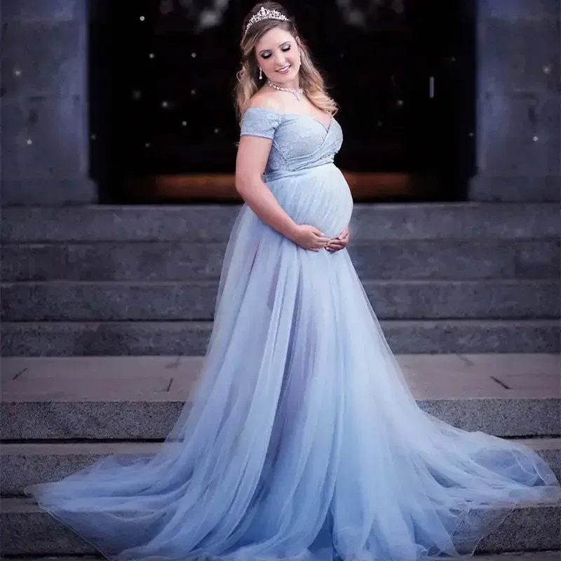 Ciążowe tiulowe sukienki Maxi do sesji zdjęciowej Baby Show prześwitująca sukienka kobiety w ciąży elegancka sukienka na imprezę fotograficzną