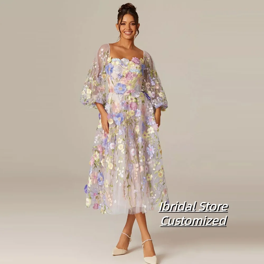 

Customized Lace Embroidery Prom Gowns Puff Sleeves 3D Flowers Strapless Tulle A-Line Party Evening Dress فساتين السهر 2026