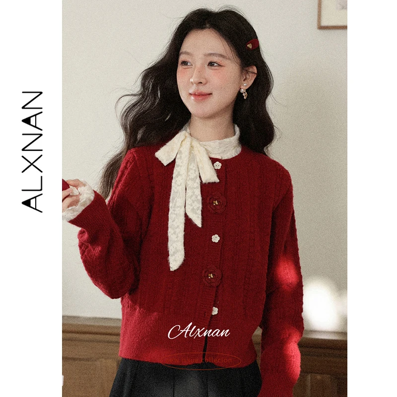 

ALXNAN бордовый кардиган, женский элегантный французский свитер на пуговицах с цветочным принтом, осень-зима 2022, свободный крой, повседневные женские топы L59739