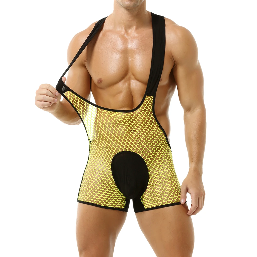 

New Fashionable Mens Fishnet Hollow Transparent Jockstrap Jumpsuit Fitness Club Sexy One-piece Jumpsuit Mesh Breathable Jumpsuit
