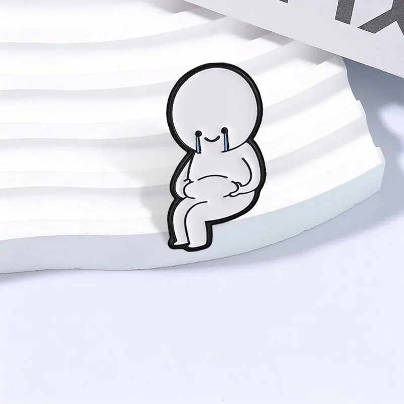 Squeezing Belly Smiling Crying Stick Figure Enamel Pin Humor Figure Hands On Belly Fat Teardrop Face Brooch Badge Jewelry Gifts