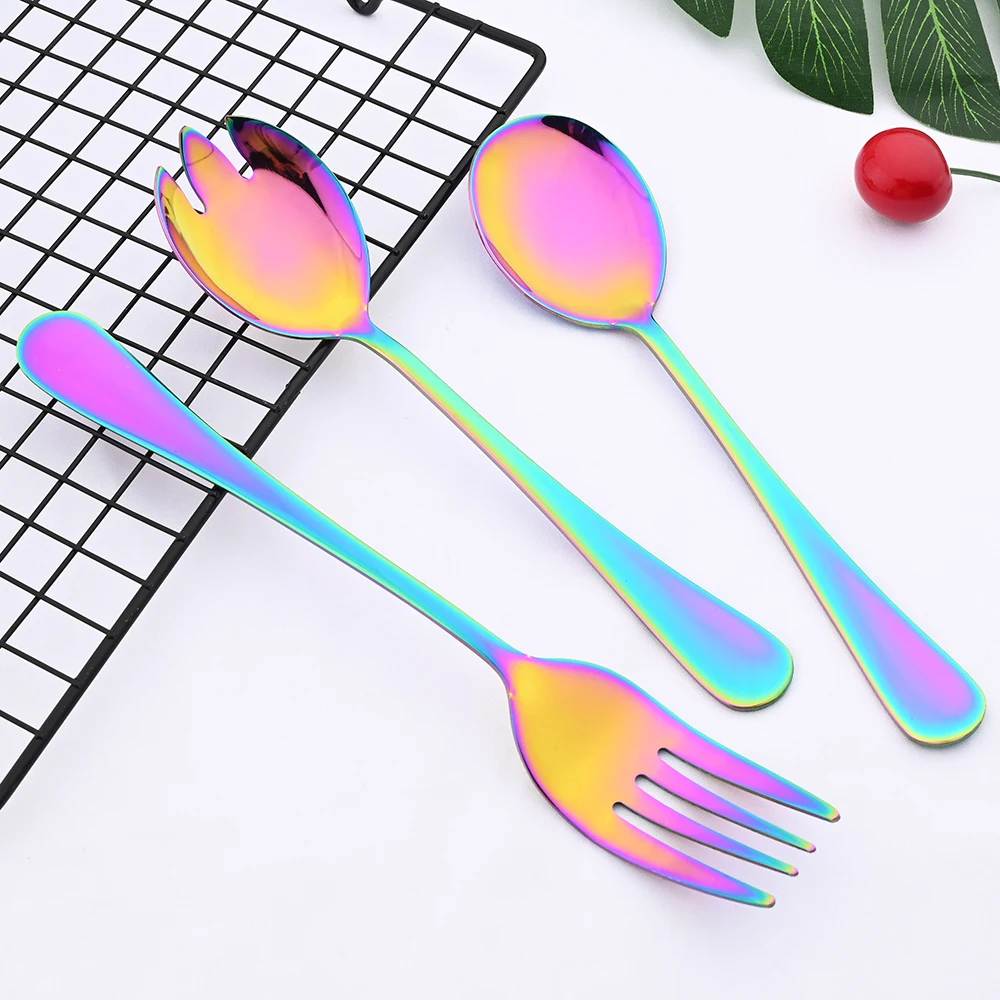 Black 2PCS Salad Spoon Fork Dinnerware Stainless Steel Tableware Cutlery Set Serving Spoon Set Colorful Unique Spoon Flatware