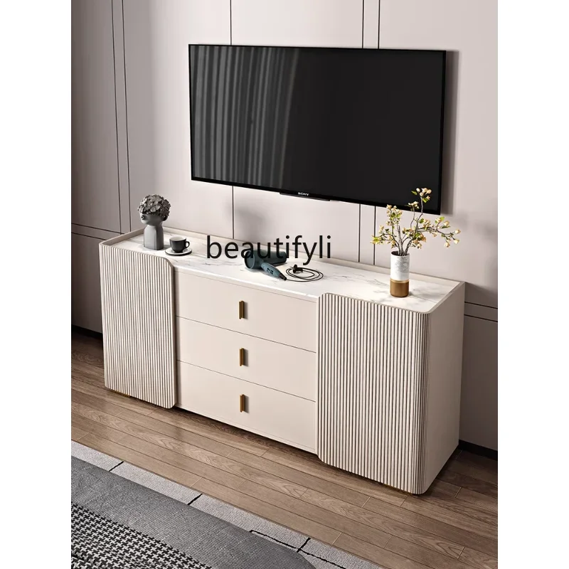 

Cream Light Luxury Bedroom TV Stand Stone Plate Heightened Bed in Master Bedroom Locker Living Room Horizontal Hall Cabinet