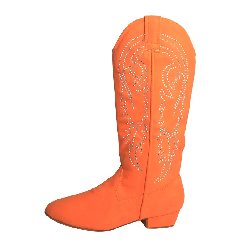 

Venus lure Customized Orange Color Suede Dance Boot Women Practice Rhinestone Western Style Line Dancing Boots 3CM Heel