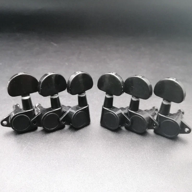 6Pcs Straight Sealed-gear Acoustic Electric Guitar String Tuning Pegs Tuners Machine Head - Big Semicircle Button Black Chrome