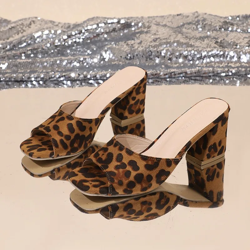 

High Heel Sandals for Women Leopard Print Design Cool Slipper Summer Square Head Open-toe High-heeled Slippers Women Mules Pumps