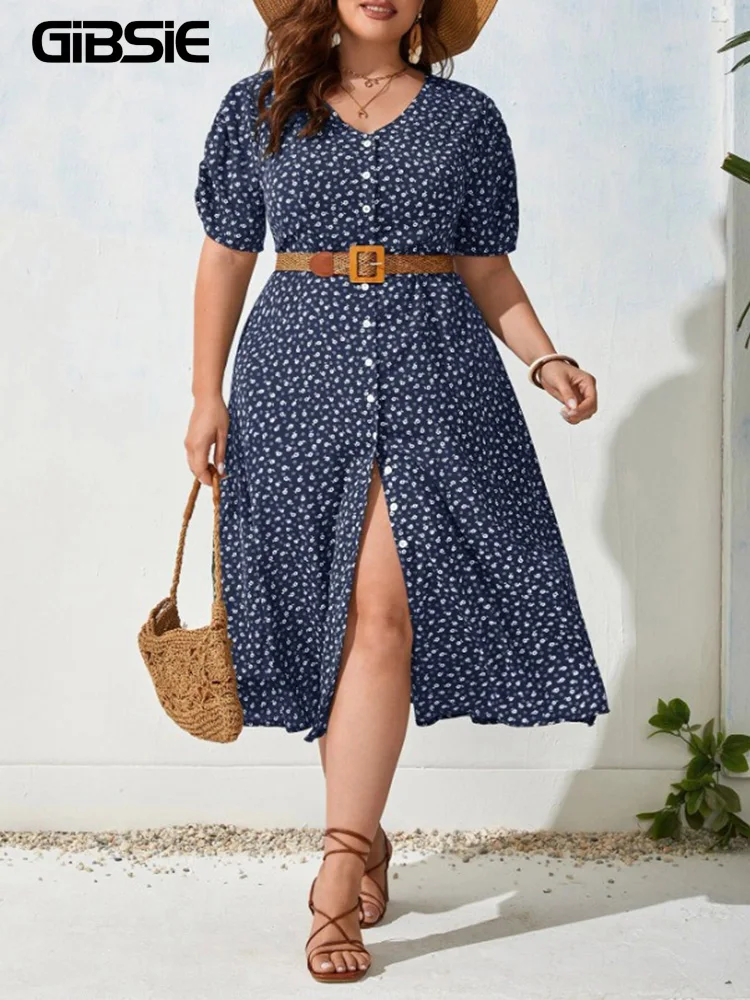 GIBSIE Plus Size Single Breasted Floral Print Boho Long Dress Women Vintage Short Sleeve Summer A Line Dresses Without Belt