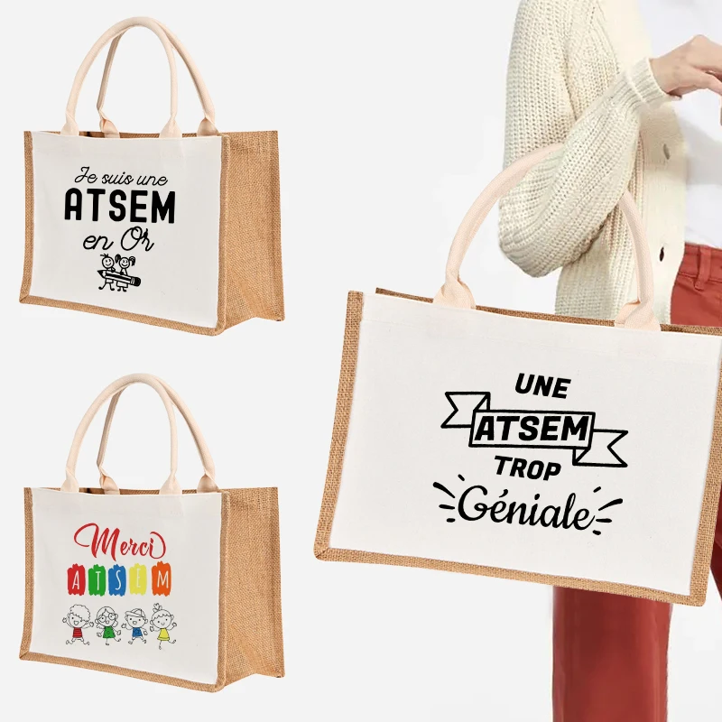 

Atsem Print Burlap Bag Eco-friendly Canvas Bag Portable Tote Bag High Capacity Shopping Bags High Quality Travel Storage Bag