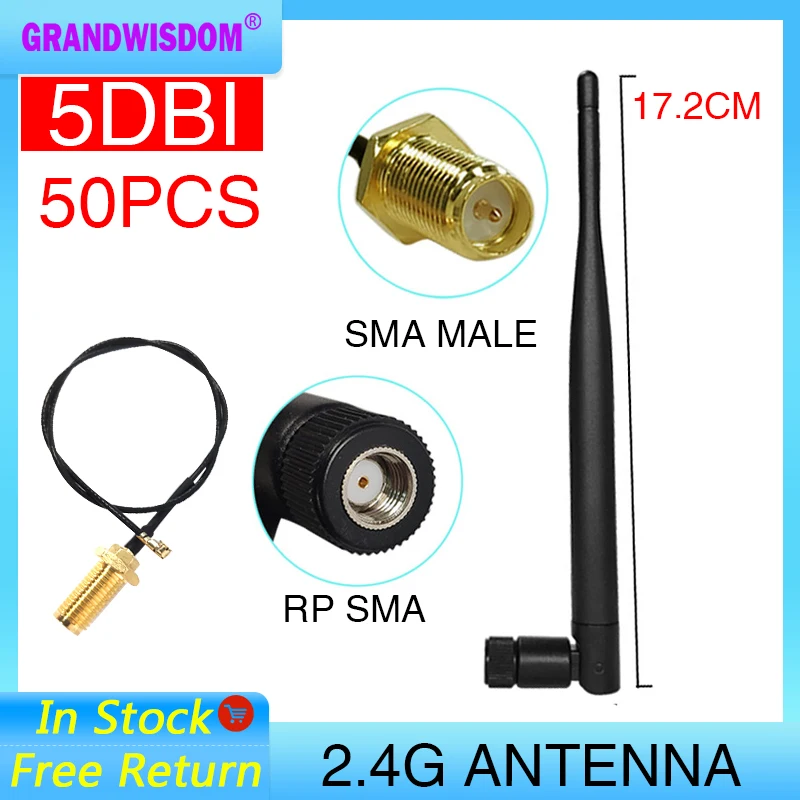 

GRANDWISDOM 50pcs 2.4G antenna 5dbi sma female wlan wifi 2.4ghz antene IPX ipex 1 SMA male pigtail Extension Cable module antena