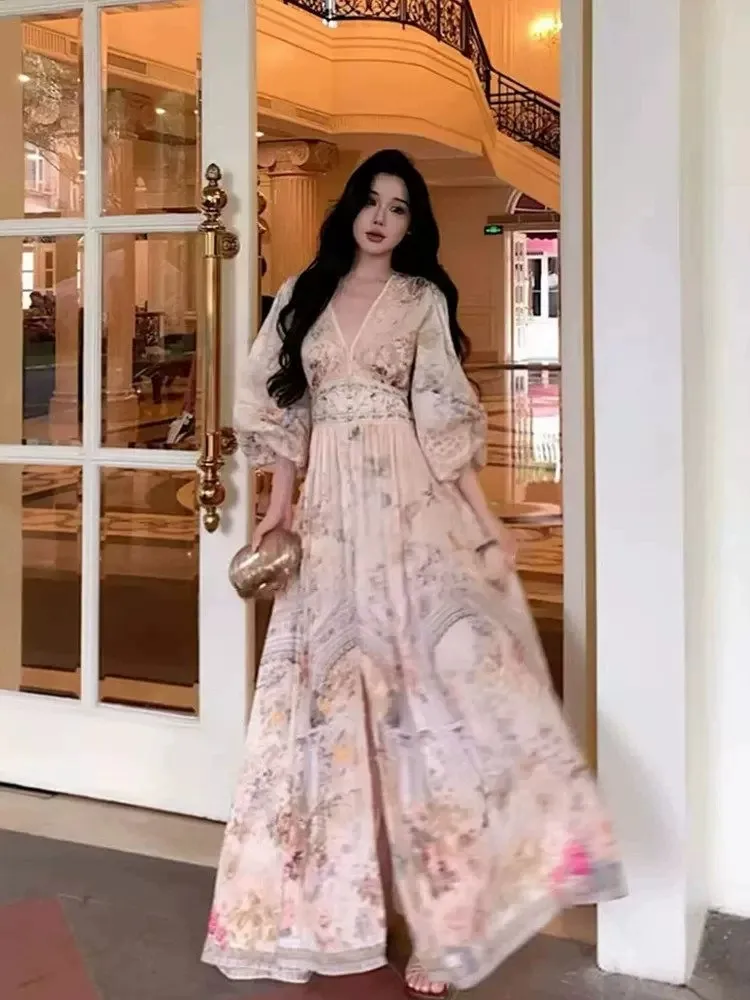 

Retro V-neck Lantern Sleeve Dress Women's Summer Vacation Style Waist-cinching Embroidered Long Dress Full-size Fashion