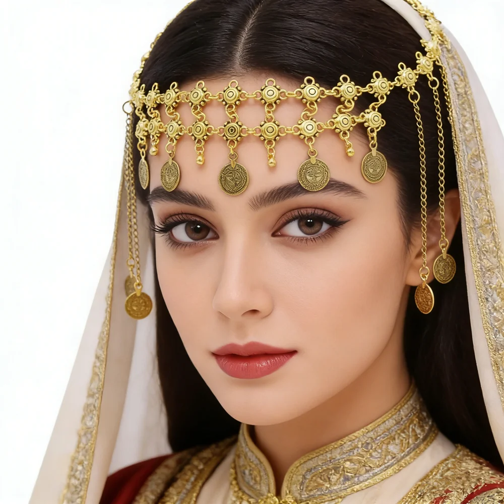 

Vintage Coin Tassel Head Chain, Gold Carved Chain & Coin Pendants, Perfect for Ethnic Dance & Parties, Exotic Forehead Accessory