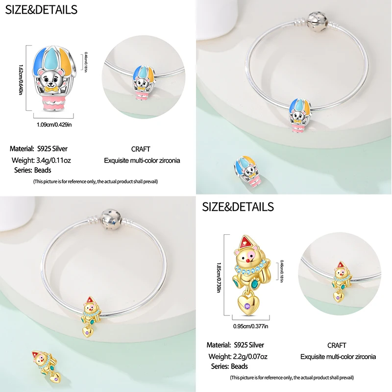 Cute 925 Sterling Silver Circus Dress Flowers Plush Bachelor's Hat Bear Charms Beads Fit Pan Original Bracelets DIY Jewelry