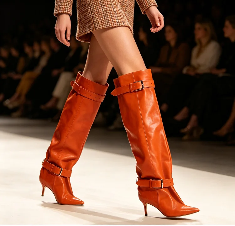 Women  Leather Over The Knee Boots Pointed Toe Thin High Heel Double Buckle Strap Ruched Slip On Street Fashion Tall Boots
