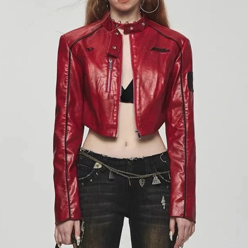Y2k Aesthetic PU Punk Stand Neck Jacket Harajuku Zipper Female Punk Cropped Coat Womens Streetwear Grunge Solid Slim Fit Jackets