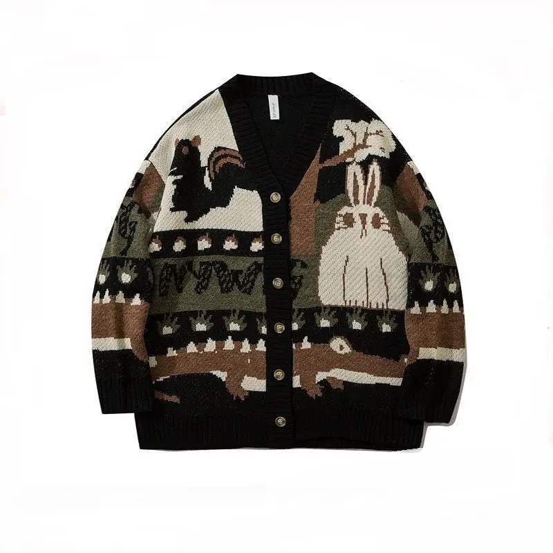 Vintage Cartoon Knitted Cardigan Oversized Sweater New Japanese Harajuku Sweater Pullover Hip Hop Streetwear Loose Knitwear Tops