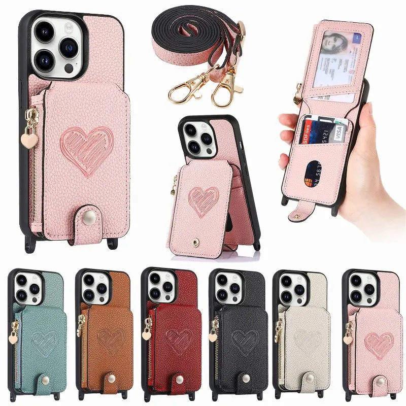 Back Vertical Flip Card Slots Phone Case For iPhone 16 15 Plus 14 Pro 13 12 11 Pro Max With Adjustable Shoulder Strap