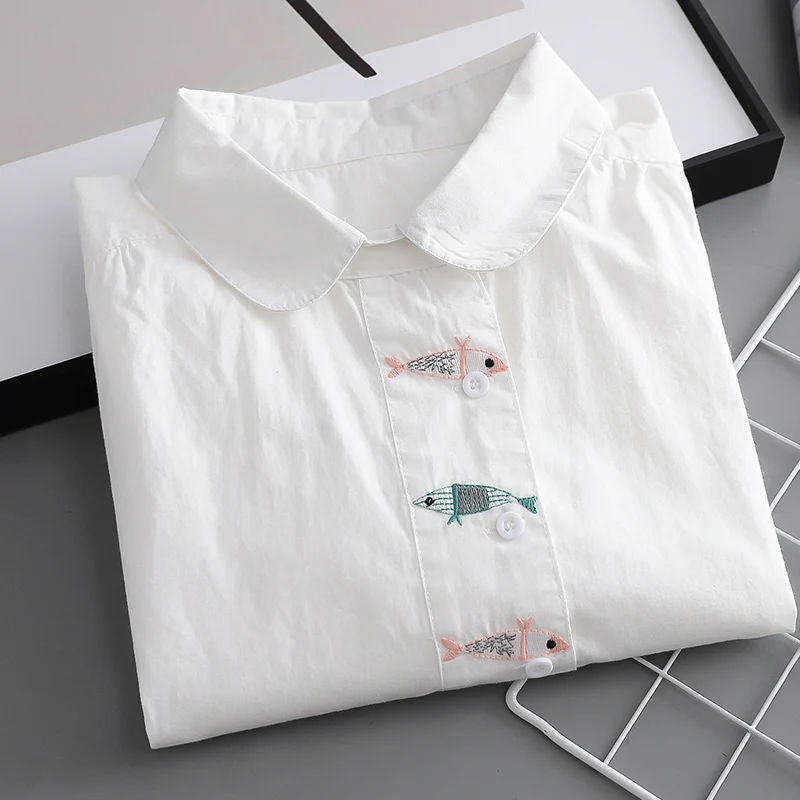 

Spring Autumn Colorful Fish Embroidery Blusa Tops Women Clothing White Color Cotton Long Sleeved Female Shirts & Blouses U225