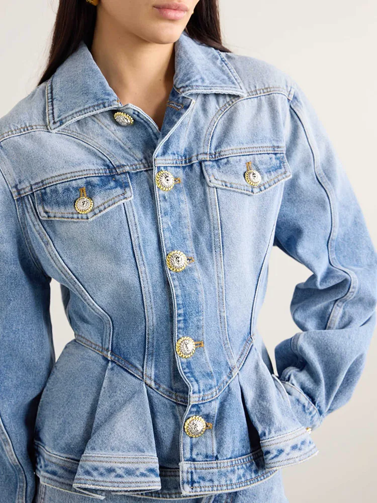 Y2k jaket Denim lengan panjang wanita, jaket Denim lengan panjang berkerut timbul logam gesper musim gugur dan musim dingin, jaket wanita lengan panjang