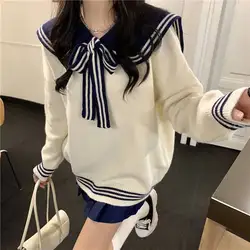 Top Women Vintage Knitted Sweater Autumn New Sailor Collar Pullover Preppy Style Lace Up Loose New Female Long Sleeve Jumper