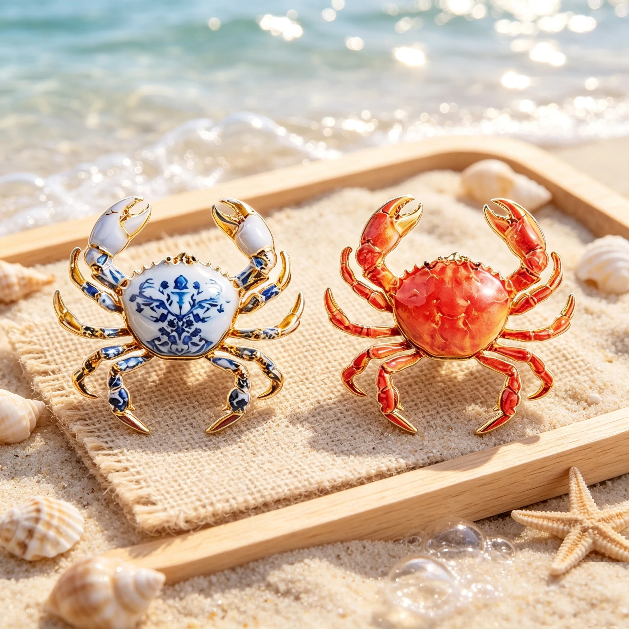 Blue White Mediterranean Flower Crab Enamel Pins Retro Ceramic Crab & Cooked Red Crab Ocean Animal Alloy Brooch Bag Lapel Badges