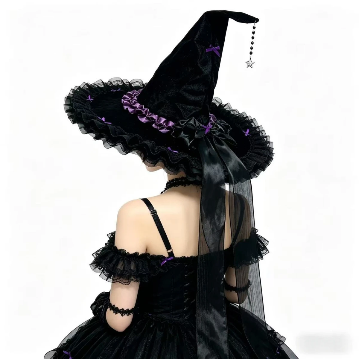 Halloween Cosplay Gothic Style Black Witch Hat with Mini Skull Decoration and Mesh Trim  and Party Fun