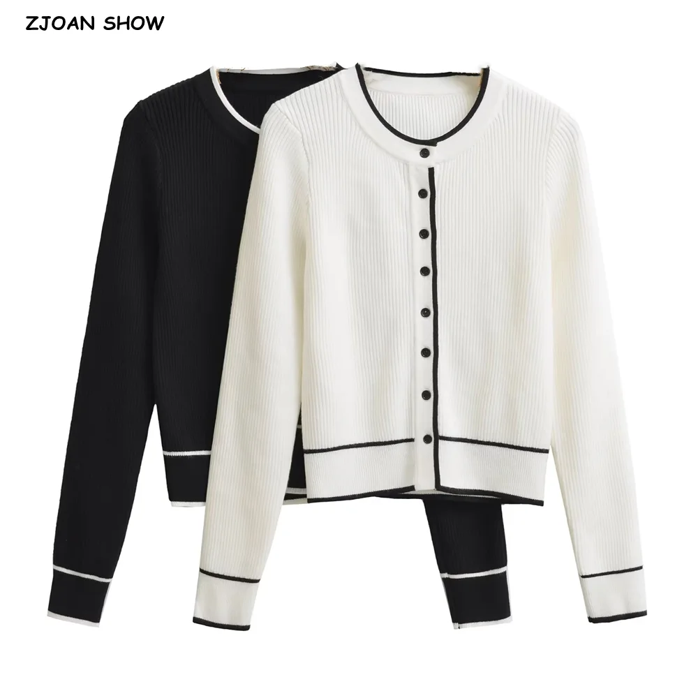 

New Autumn White Contrast color O neck Rib Knit Cardigan Woman Long Sleeve Open Buttons Through Crop Pointelle Sweater Knitwear