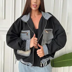 Women Denim Patchwork Jackets 2024 Spring Autumn Lady Stand Collar Zipper Outerwear Casual Loose Female Multi-pocket Cargo Coats