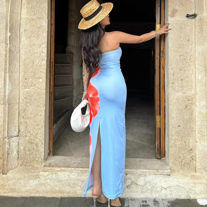 Een nieuwe zomerjurk met strapless, bloemenprints, slank figuur, hoge taille en split in Europese en Amerikaanse dameskleding