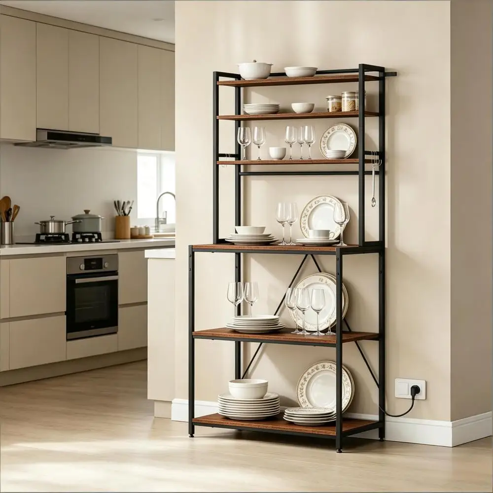 Estante De Almacenamiento De Cocina De 6 Niveles, 80X40X167Cm, Estación De Café Con Tomas De Corriente, Ganchos, Estantes Ajustables, Soporte Para Microondas, Organizador — -57%, 198.9€ Coupon, from 150.04€ – 57% descuento – €150.04