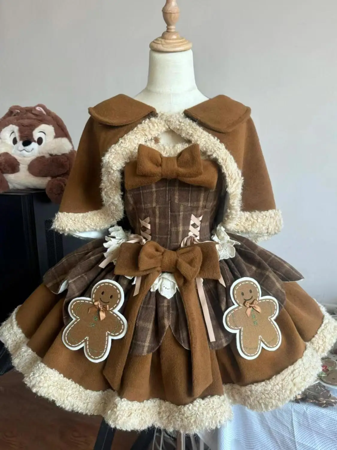 Winter Japanese Sweet Lolita Brown 2 Piece Set Chic Cape+Cute Bow Dress New Fashion Harajuku Kawaii Women Warm Clothes Suit 2024