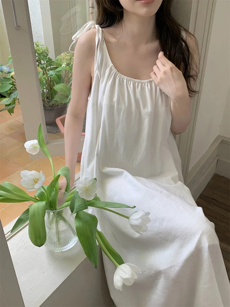 

Lazy Holiday style Sweet Simple Solid Sleeveless Lined NightDress Women Summer Sling Girlish Loose Kawaii Elegant Sleepwear Ins