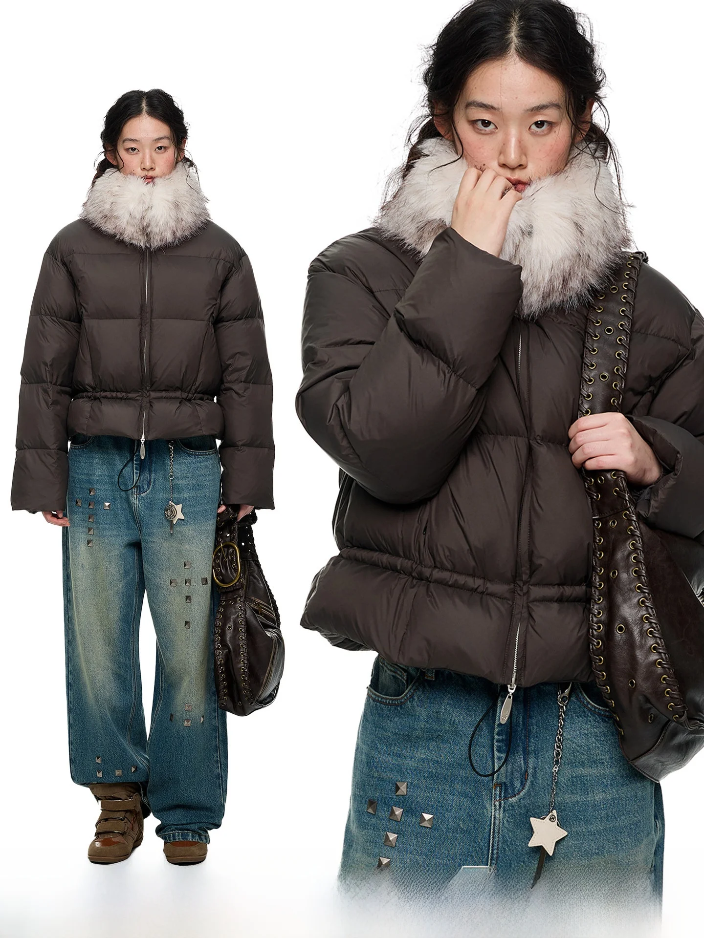 

JIKOO New 90 down Jaet with Fur Collar Dstring Hem Two Pieces Casual Loose Fit Warmth Ladies Coat Zipper Closure