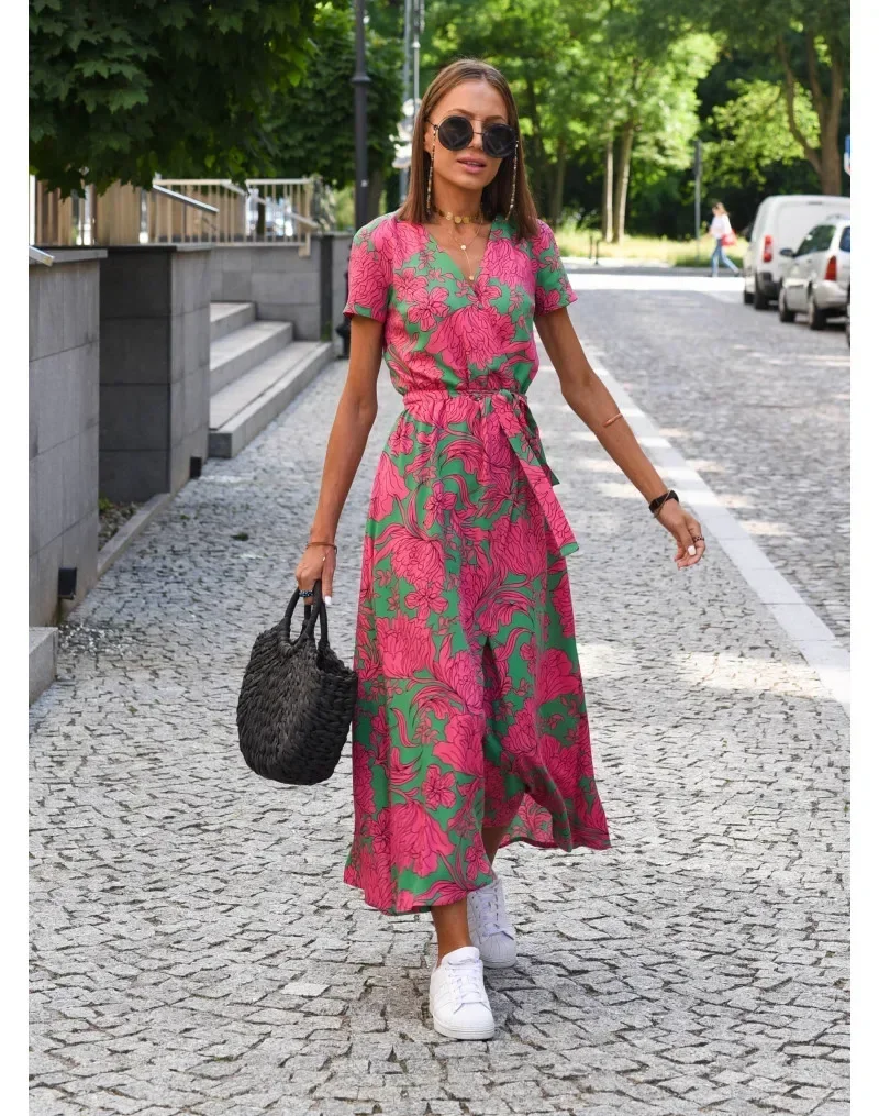 Summer Women\'s New V-Neck  Floral Printed Mid-Length Dress Split Vacation Style Fashion Long Dresses