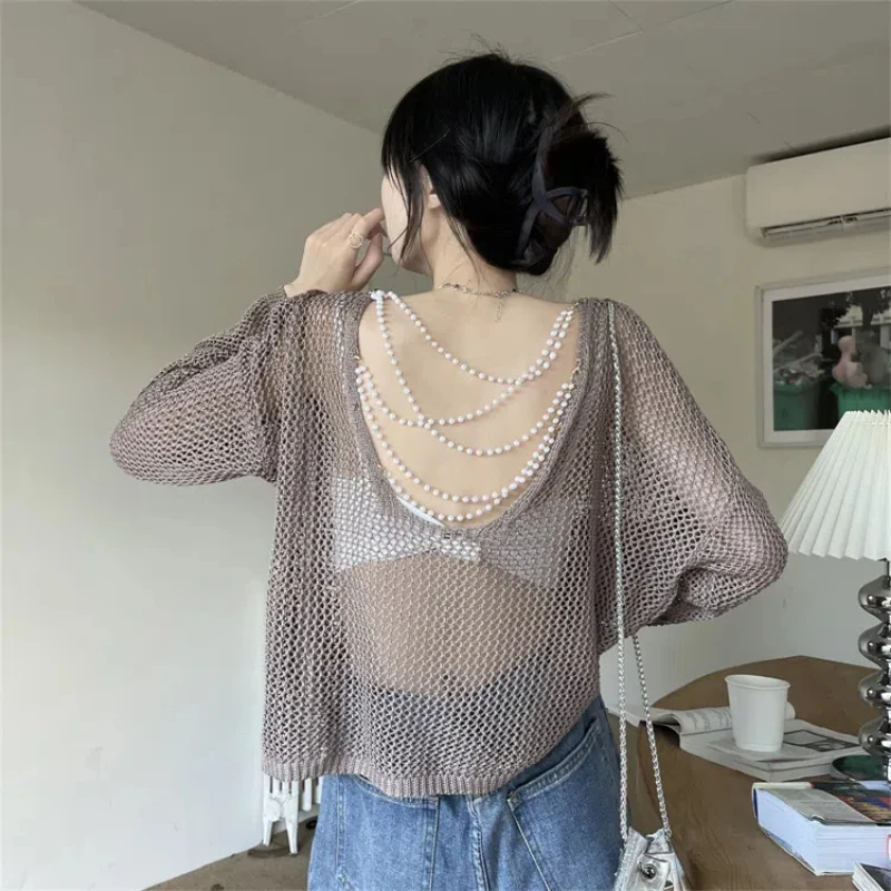 Solid Backless Pearl Chain Loose Knitting Pullovers Summer New Round Neck Hollow Out Korean Long Sleeve Loose Women T Shirt Top