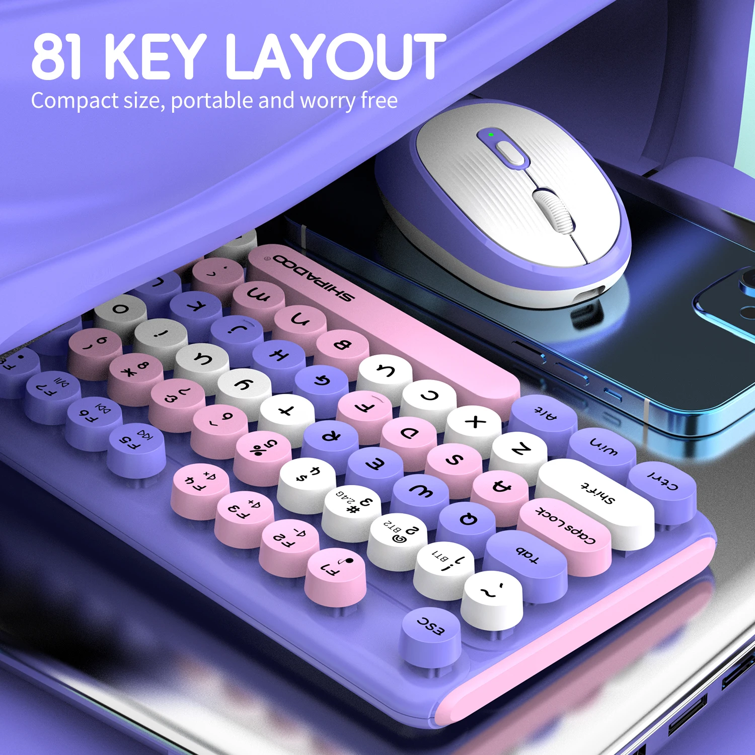 Ergonomic 2.4G Bluetooth Wireless Keyboard 81Keys Retro Round Keycap Keyboard Rechargeable Keyboard for Pc/Laptop/Desktop