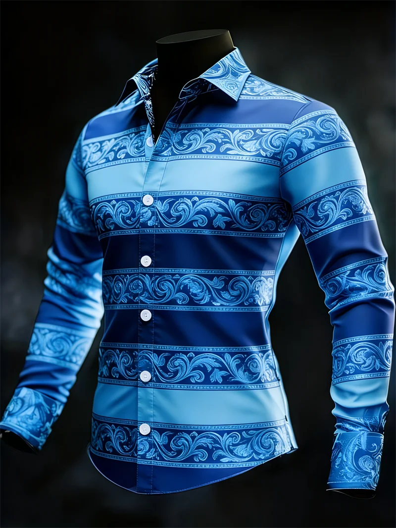 

New 10 color men's long sleeved shirt with 3D printed collar, high-quality pattern shirt, casual men's clothing top