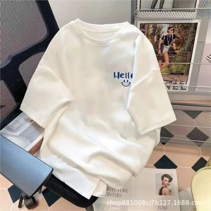 Casual Short Sleeve Tshirt Blouse Office Lady Spring Summer Fashion Loose Print Tshirt For Women 2024 Female White Tops Tees