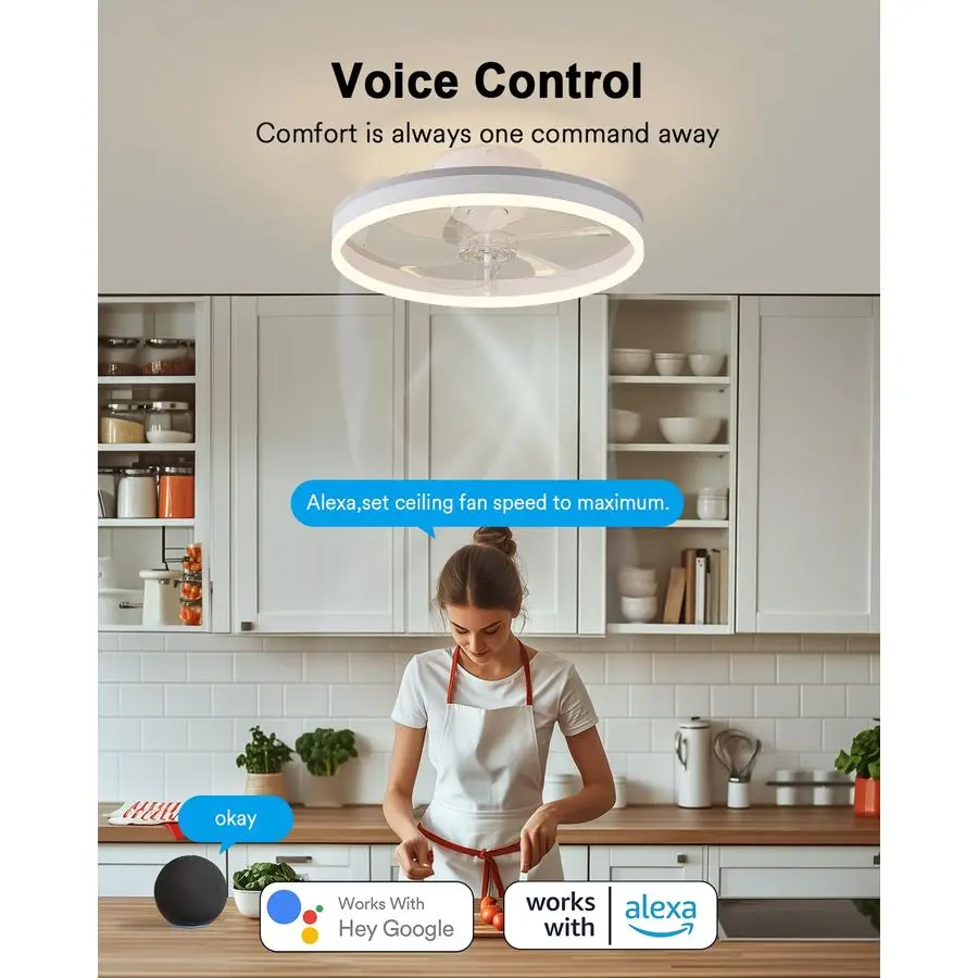 مراوح سقف واي فاي ذكية مع أضواء، مراوح سقف RGBAI مع أضواء وجهاز تحكم عن بعد، وضع الإضاءة المزدوج الحديث LED Low Pr
