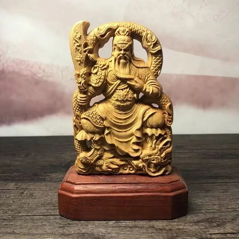 Wood Carving Lord Guan Figurine - Chinese God of Wealth Home Office Decor Feng Shui Wealth Luck Character Sculpture