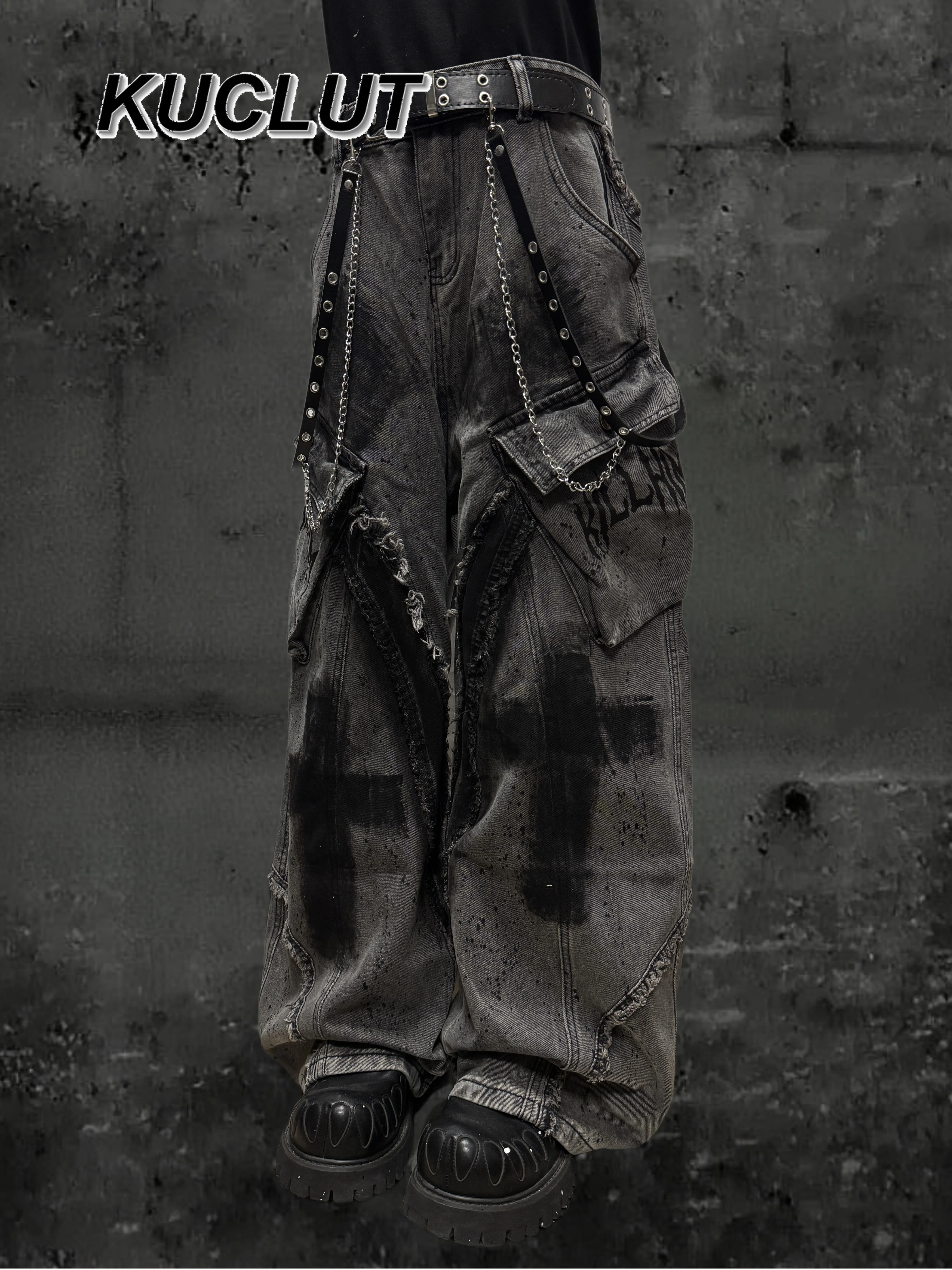 السيدات بناطيل كاجوال شارع العليا نمط القفار المتوترة فضفاض الدينيم الجينز للنساء Y2K رسمت باليد الكتابة على الجدران واسعة الساق السراويل #2