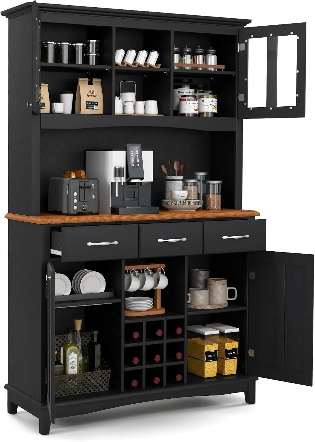 

72.5” Buffet with Hutch, Freestanding Pantry Storage Cabinet with Drawers, Adjustable Shelves, Wine Grids, Microwave Countertop