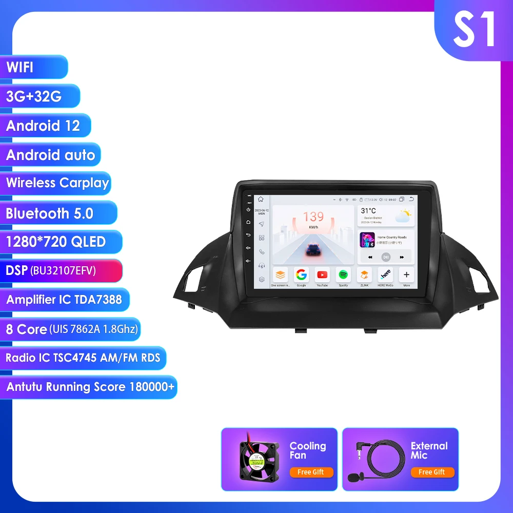Android Auto autoradio, draadloze Carplay, GPS navigatie, scherm, stereo, video, multimedia voor Ford C-MAX Kuga 2 Escape 3 2013 - 2017