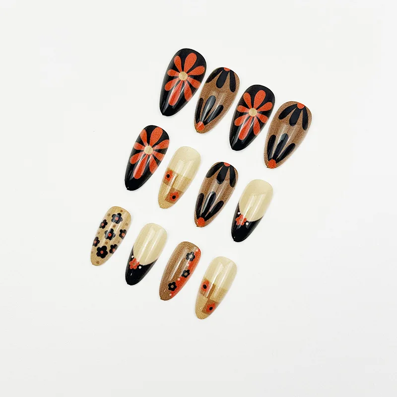 24 قطعة لون الشاي الحليب لطيف الأظافر وهمية البرتقال عباد الشمس المطبوعة الخريف الشتاء اضغط على الأظافر لامعة اللوز انفصال أظافر صناعية #4