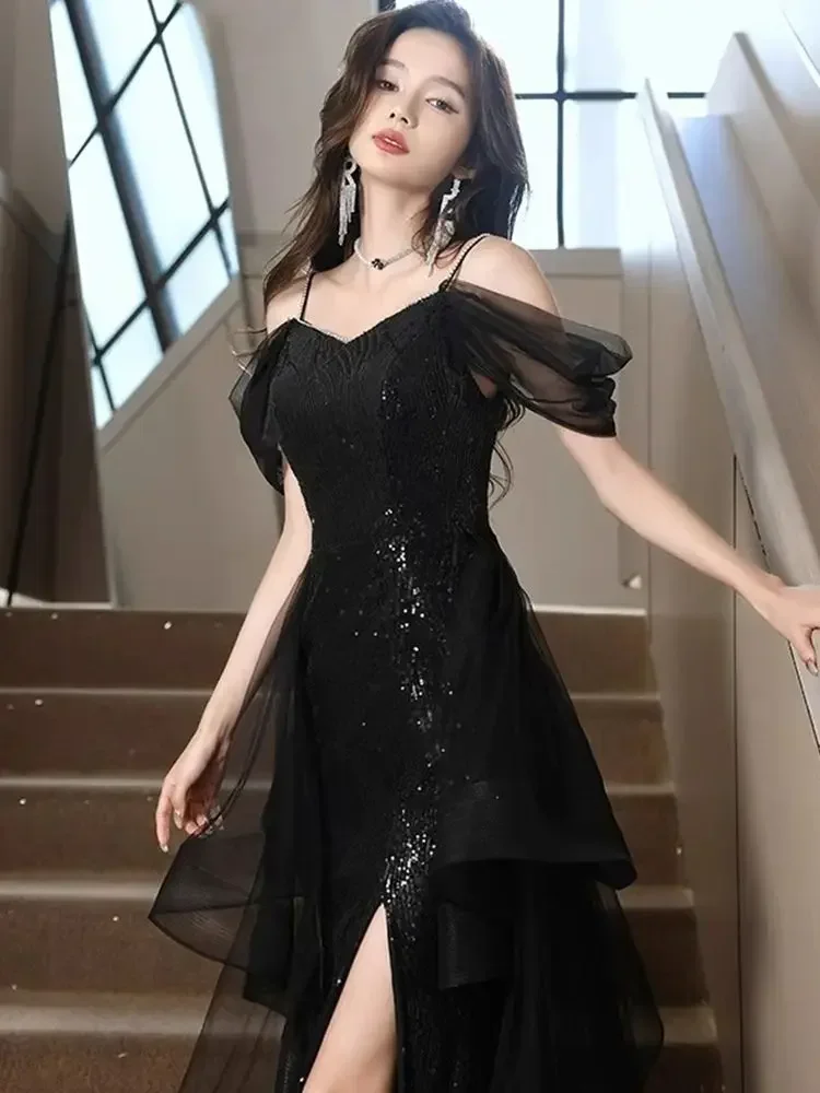 Banquet party performance prom dress performance gown 2025 New Black long sequined tail lady girl women princess dress