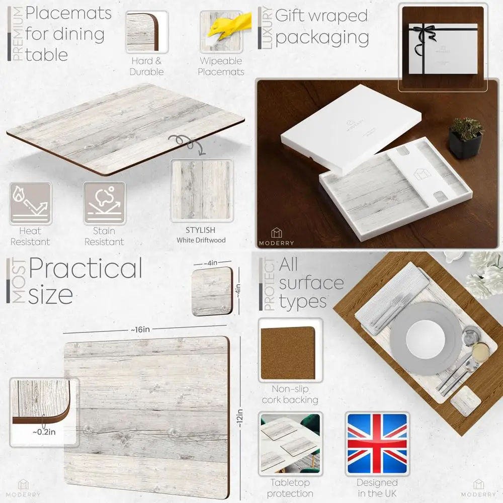 

4-Piece Heatproof Cork Placemats Set with Matching Drink Coasters, White Driftwood Design, 16x12 Inches