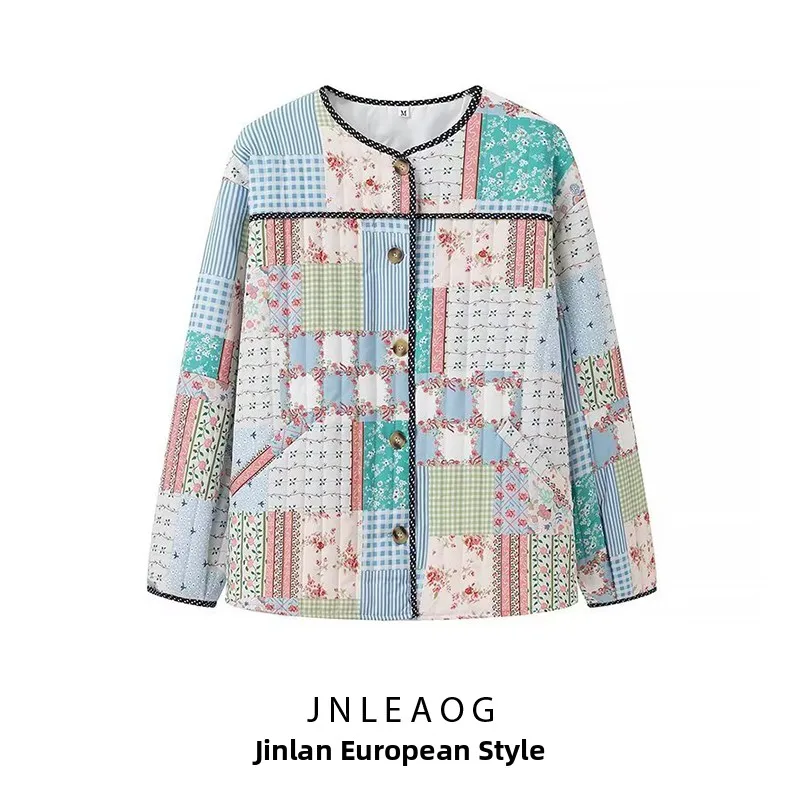 

Fashionable Long Sleeve Patchwork Cotton Jacket Women's Street Style round Neck Zipper Closure Color Autumn New Arrival